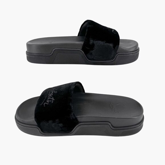 Christian Louboutin 'Navy Pool' Slide Sandals Size 37 US 7 Black Velvet Logo - Picture 10 of 12